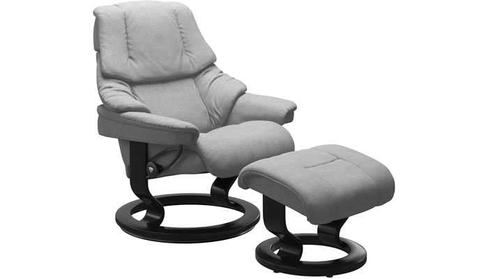 Stressless Reno with Classic Base and Stool in Clover Light Grey Fabric